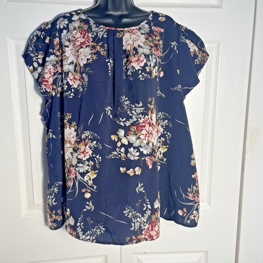 EMERY ROSE Navy Floral Print Blouse Women 5XL Short‎ Sleeve Pleated Neck Flowy